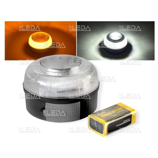 Dzintara/balta 9V Baterijas LED lampa (magnetic mount beacon)